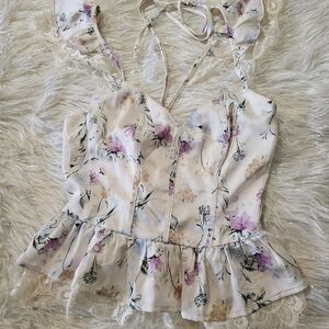 Willow & Root Floral Print Lace Trim Blouse Sz M